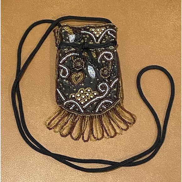 Handmade Handbags - Beaded Small Crossbody Bag Black, Silver, Gold, Brown 6 x 3.5 inches Pouch